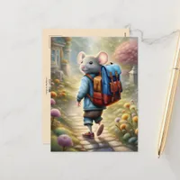 Cute mouse boy on his way to school, custom postcard