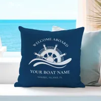 Nautical Ship Wheel Welcome Aboard Boat Name Navy Throw Pillow