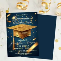 Luxurious Golden Graduation Cap with Confetti Invitation