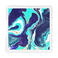  Blue Teal Ocean Swirls Marble Fluid Art  Acrylic Tray