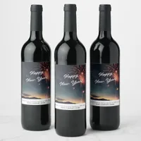 Modern Fireworks Calligraphy Happy New Years Bash Wine Label