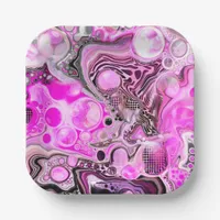 Pink and Black Fluid Art Pour Painting Effect Paper Plates
