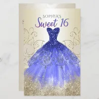 Budget Gold Royal Blue Dress Sweet 16  Invitation