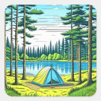 Nature Camping Themed Tent in the Woods Square Sticker