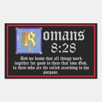 Romans 8:28 Gold Illuminated Letter Bible Quote Rectangular Sticker