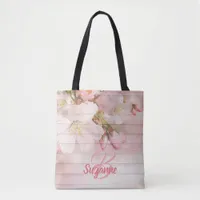 Pink cherry blossoms florals monogram tote bag