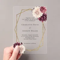 Burgundy beige florals geometric clear wedding acrylic invitations