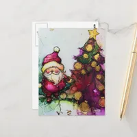 Santa and a Christmas Tree Alcohol Inks Postcard