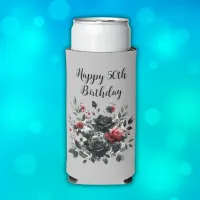 Happy 50th Birthday Red and Black Roses | Seltzer Can Cooler