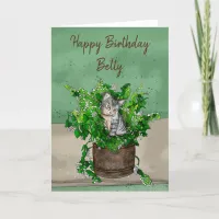 Gray Kitten sitting in a Pot of Catnip Birthday Card