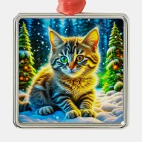 Cute Kitty Cat Playing Outside on Christmas Eve Metal Ornament