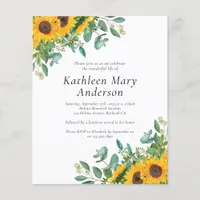 Budget Sunflower Eucalyptus Memorial Invitation