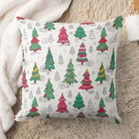 Quirky Whimsical Decorated Christmas Trees Doodles Throw Pillow