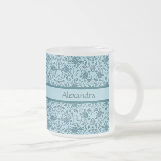 Elegant Flowery Teal Damask Frosted Glass Coffee Mug