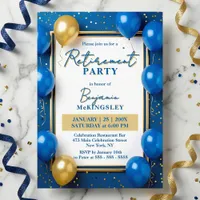 Navy Blue Gold Balloons Confetti Retirement Party Invitation