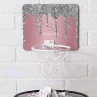 Silver Glitter Drips Rose Gold Pink Monogram Name Mini Basketball Hoop