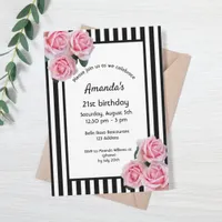 21st birthday pink florals on black white stripes invitation