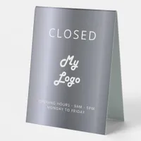 Silver business logo open closed table tent sign