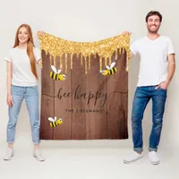 Bee happy rustic bees brown barn wall monogram fleece blanket