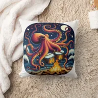 Octopus Drumming By The Campfire Under Moonlight Throw Pillow