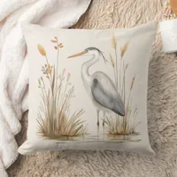 Heron and Rushes Beige Throw Pillow