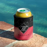 Elegant Black Marble & Rosé Red Foil Monogram Can Cooler
