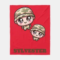 Cute Kawaii Army Camouflage Monogram on Red | Fleece Blanket