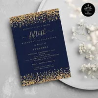 Gold Glitter Script Navy Blue Glam 50th Party Invitation