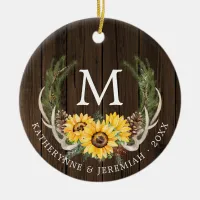 Rustic Sunflower Pine Antlers Monogram Photo Ceramic Ornament