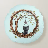 Cute Black Kitten Watching a Star Round Pillow