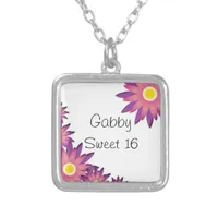 Pink and Purple Flowers Sweet 16 Birthday Silver Plated Necklace