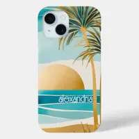 Cute Boho Gold Abstract Beach Landscape With Name iPhone 15 Case