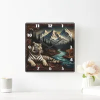 Majestic Bengal Tigers by Mountain River Square Wall Clock