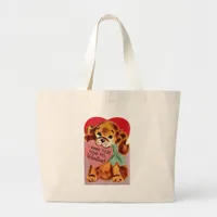 Vintage Puppy Holds Heart Valentine Large Tote Bag