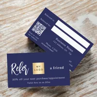 Navy blue qr code business logo referral card