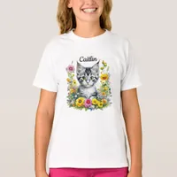 Watercolor Kitten in Yellow Flowers Personalized  T-Shirt