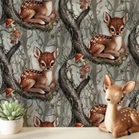 Vintage Baby Deer with Mushrooms Nursery Wallpaper