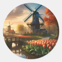 Windmill in Dutch Countryside by River with Tulips Classic Round Sticker