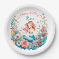 Mermaid Themed Floral Girl's Birthday Party Paper Plates