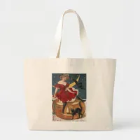 Halloween Vintage Lady in Red on Jack o' Lantern Large Tote Bag