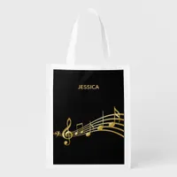 Black gold music notes name grocery bag