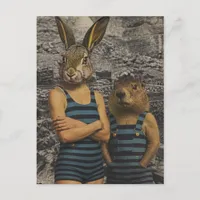 Rabbit and Groundhog in Vintage Bathing Suits Postcard