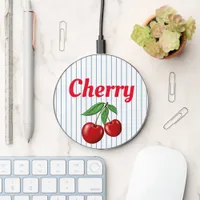 Red Cherries on Blue Stripes Personalized Wireless Charger