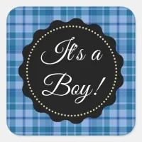 Large It's a Boy! Baby Shower Blue Plaid Stickers