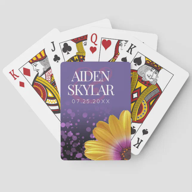 Elegant Golden Daisy with Purple Glitter Wedding Poker Cards