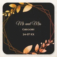 Boho autumn botanical gold frame wedding square paper coaster