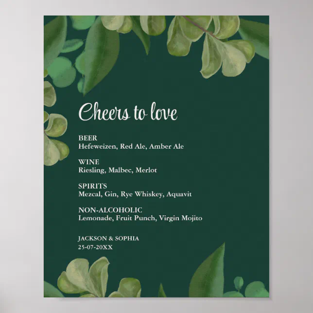 Emerald green foliage Wedding drinks menu sign