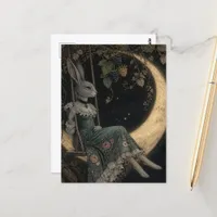 Blackberry Rabbit on a Swing Under the Moon Postcard