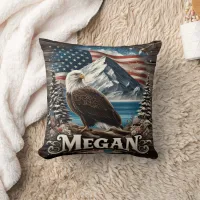 Eagle With Mountain and American Flag Throw Pillow