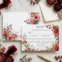 Watercolor Crimson Poinsettia Winter Wedding RSVP Card